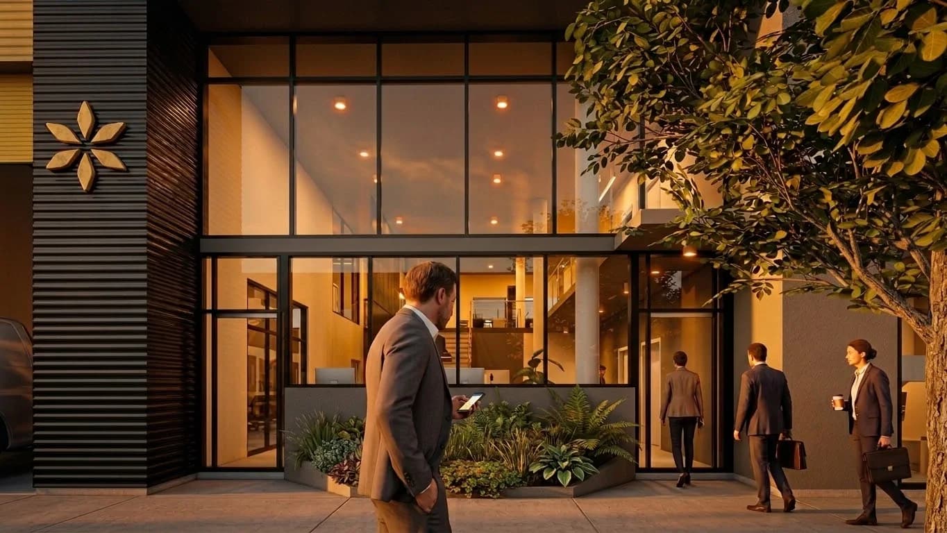 Render del ingreso al edificio de oficinas de ROS001